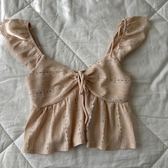 Urban Romantic Cream Tie Front Ruffle Sleeve Eyelet Peplum Top - Picture 1 of 3